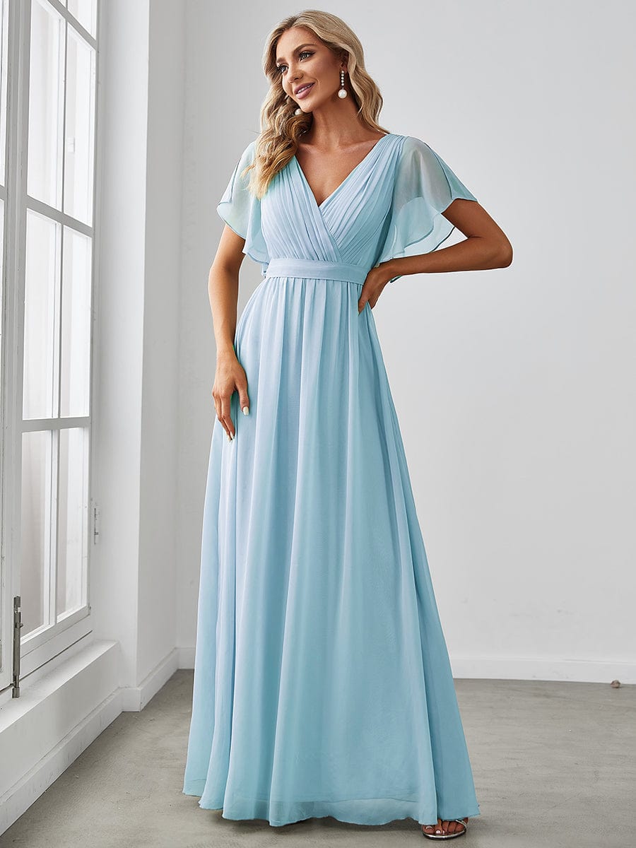Blue Weitese ruffle sleeve chiffon V-neck evening dress.