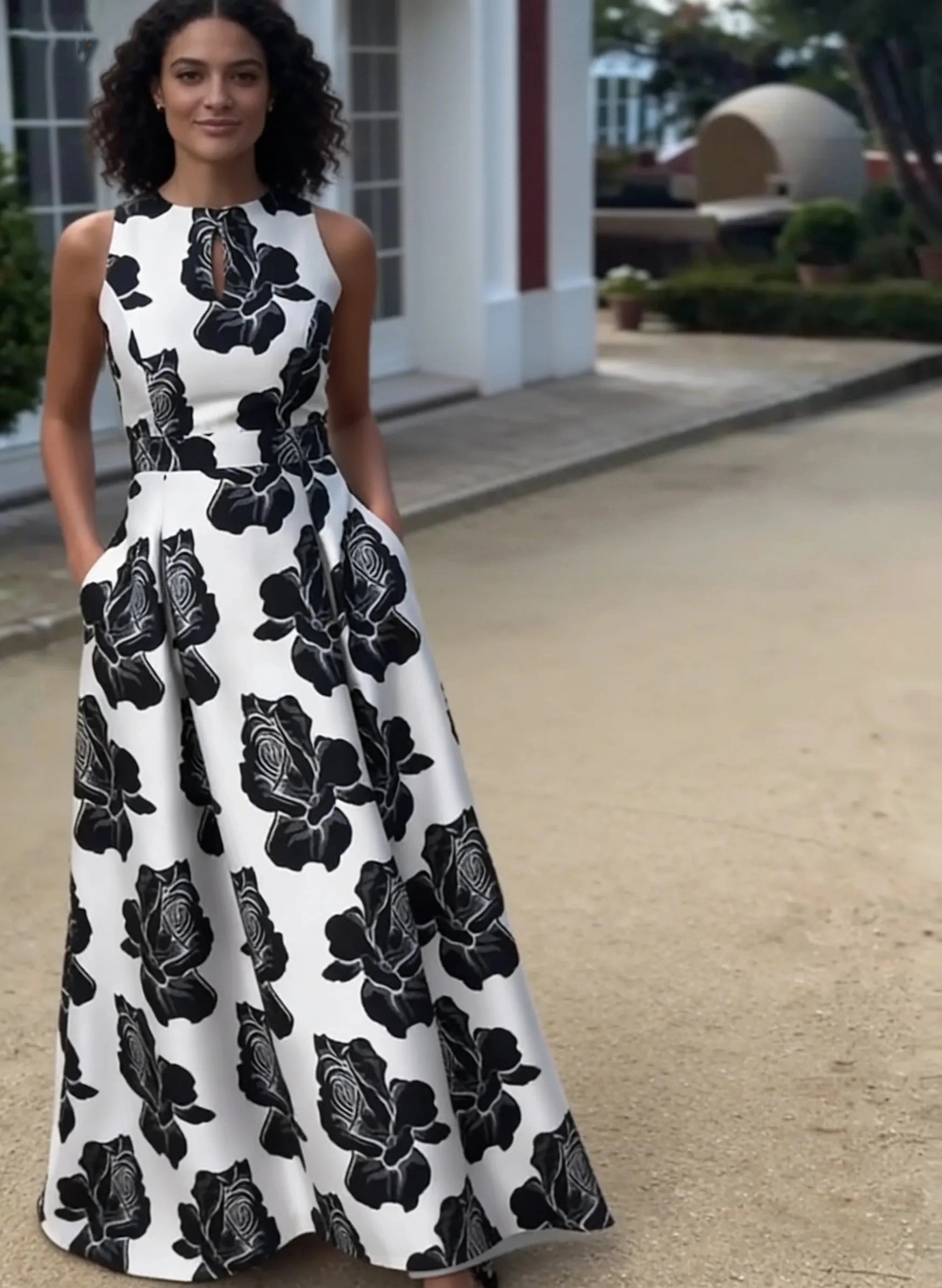 Elegant Scoop Neck Sleeveless A-Line Satin Flower Printed Long Prom Dress