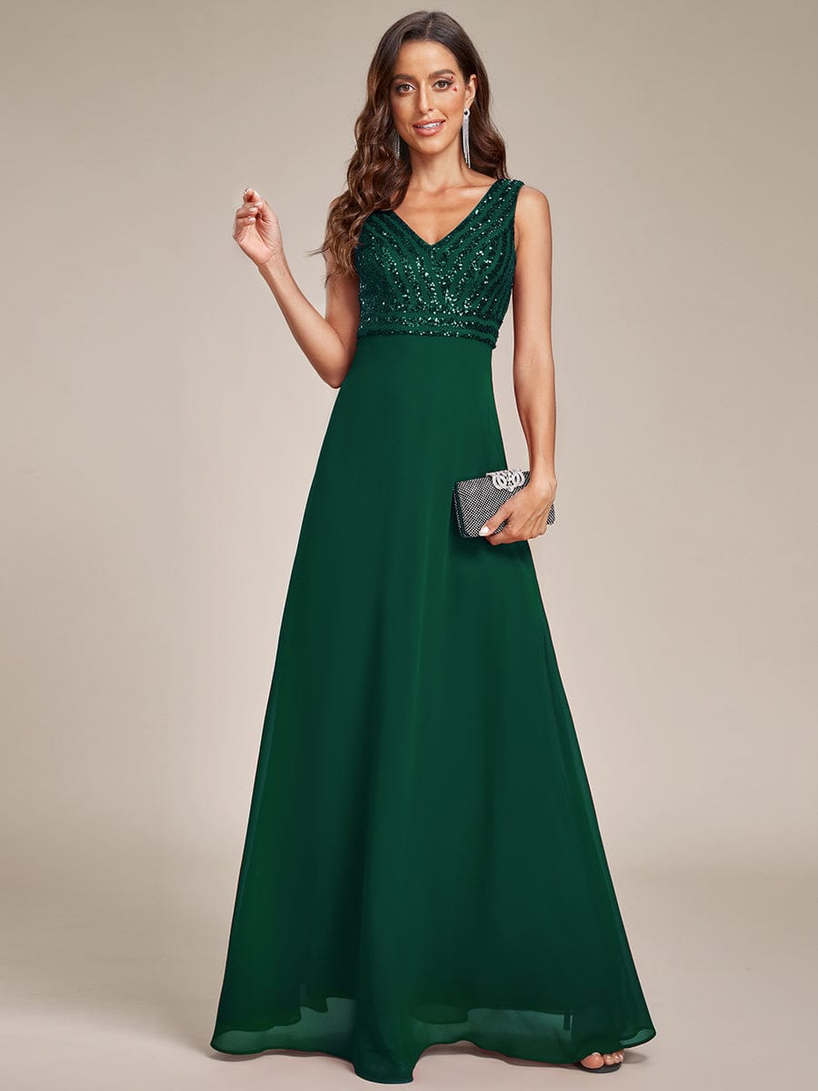 Dark green sequin double V-neck formal evening dress.