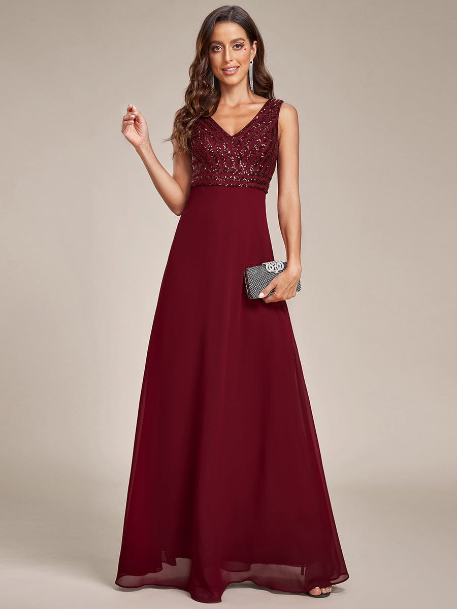 Blue sequin double V-neck formal evening dress.