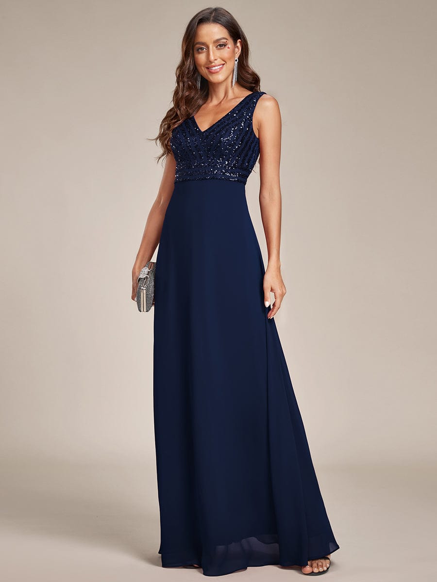 Navy blue sequin double V-neck formal evening dress.