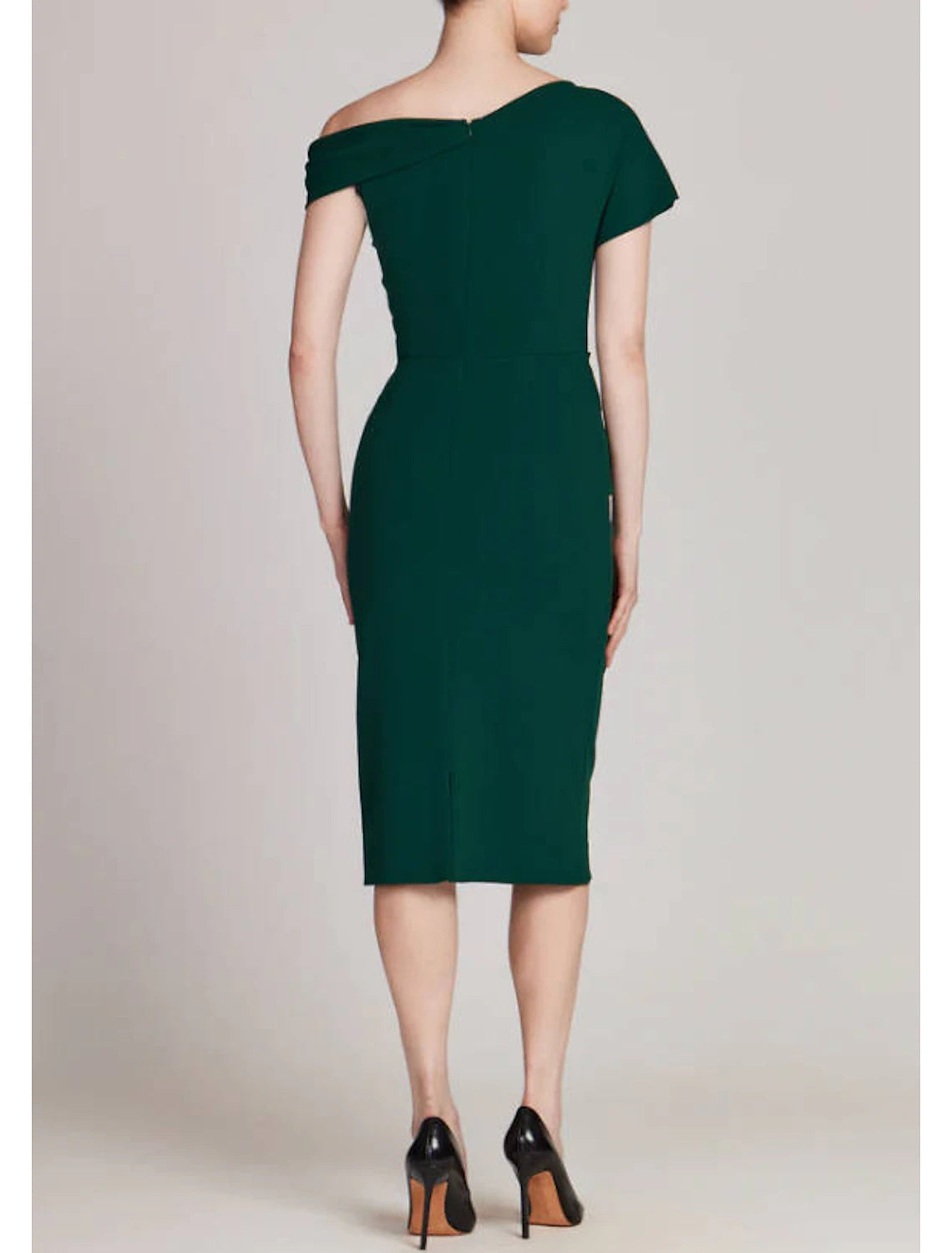 Side view of the elegant sequined one-shoulder A-line tea-length dress.