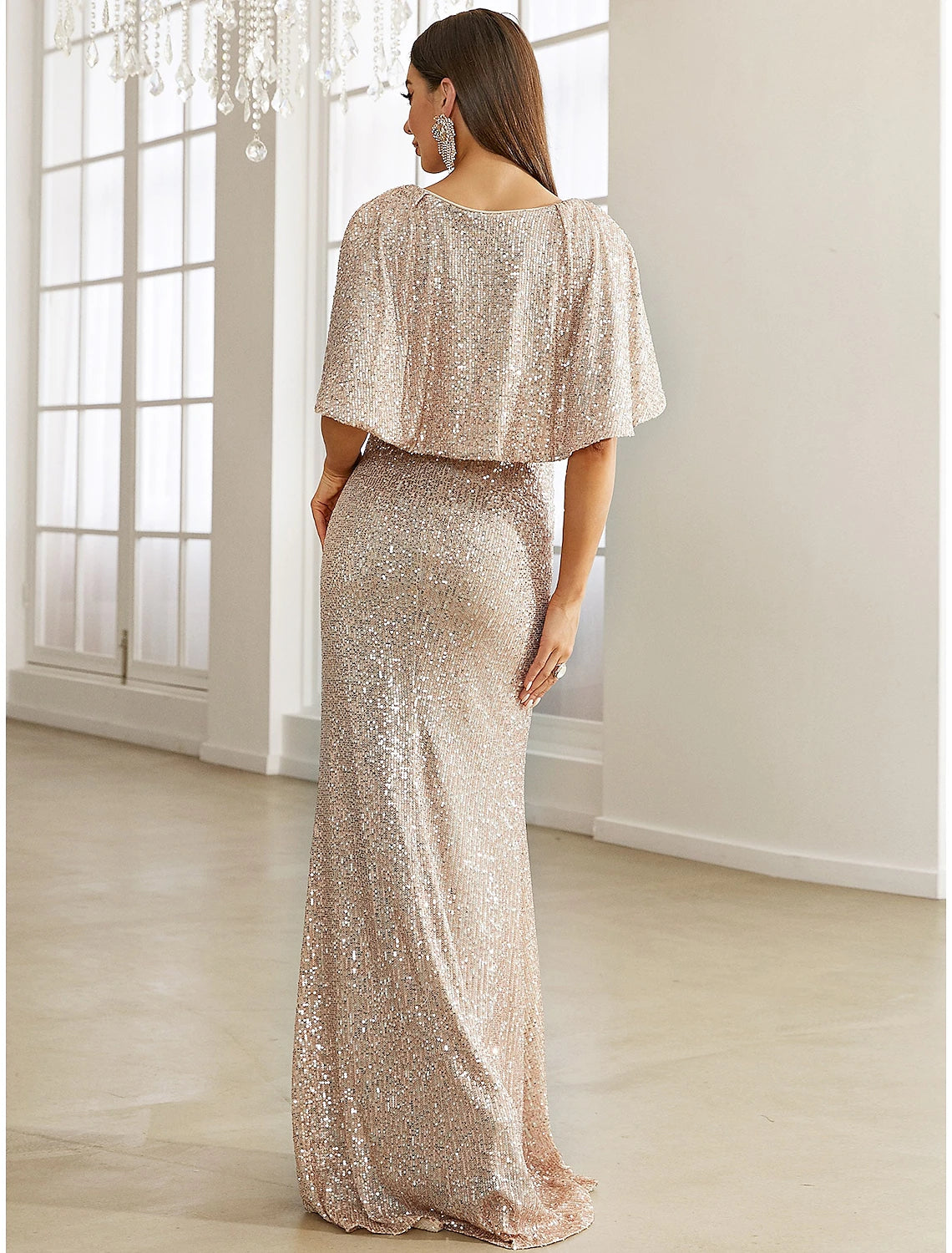 Side view of Weitese elegant mermaid dress showing sequin detail.