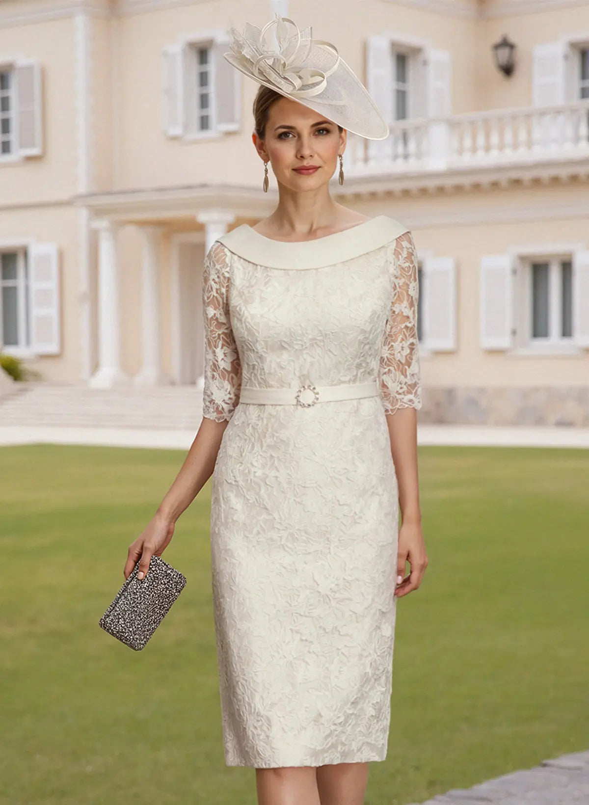 Elegant Sheath Boat Neck Three-Quarter Sleeve Ivory Lace Cocktail Dress with Satin Belt