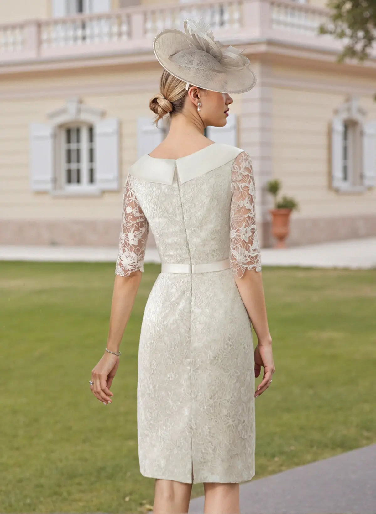 Elegant Sheath Boat Neck Three-Quarter Sleeve Ivory Lace Cocktail Dress with Satin Belt
