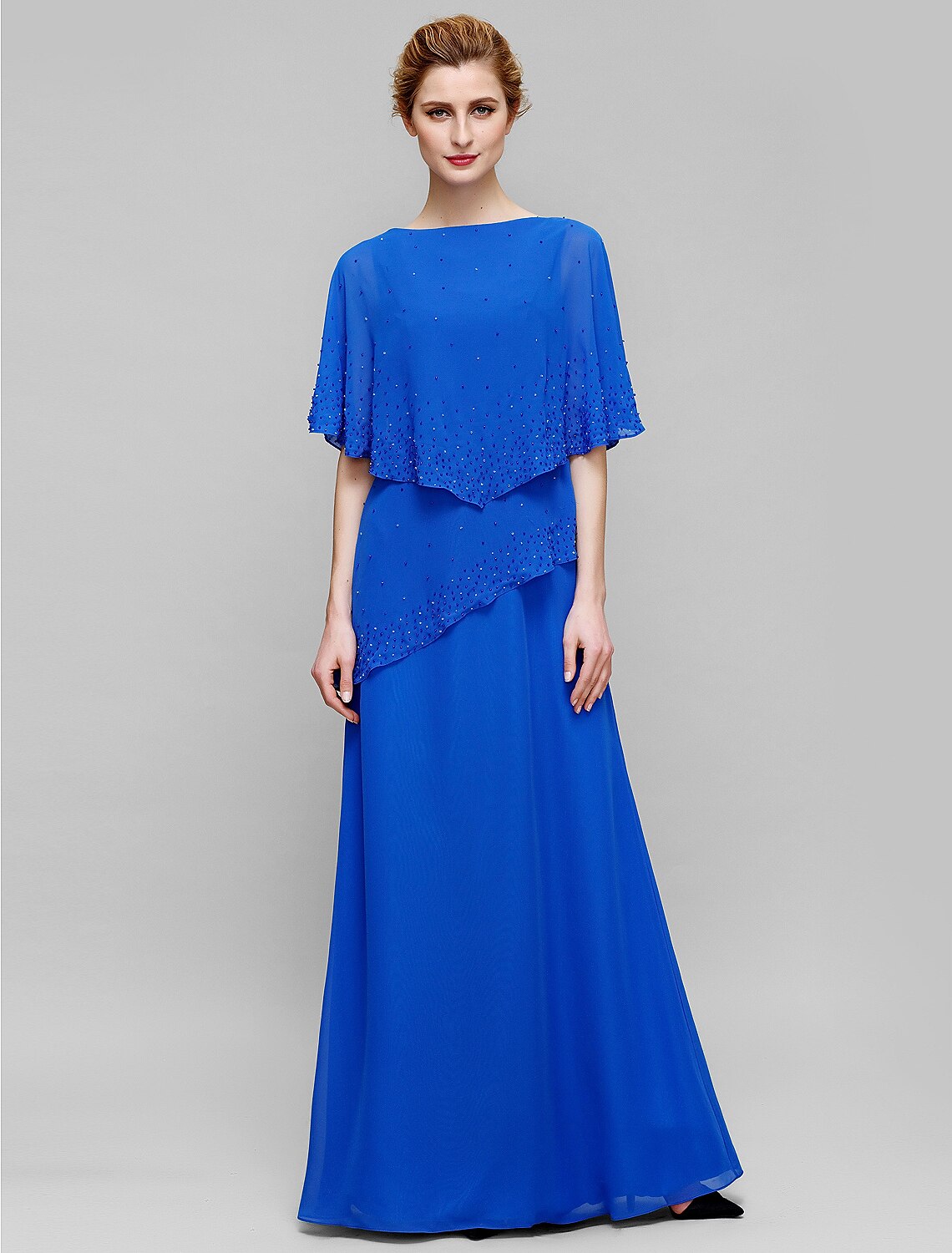Elegant blue sheath column mother of the bride dress with bateau neck and delicate beading.