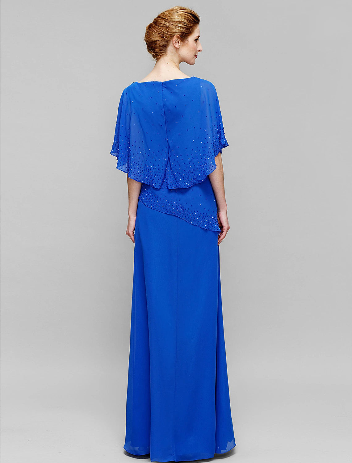 Side view of a blue sheath column mother of the bride dress, showcasing the floor-length silhouette.