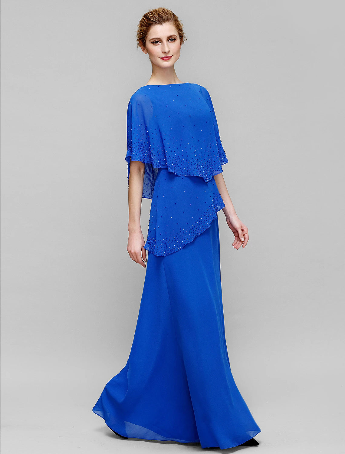 Back view of a blue sheath column dress, highlighting the elegant design and beaded details.