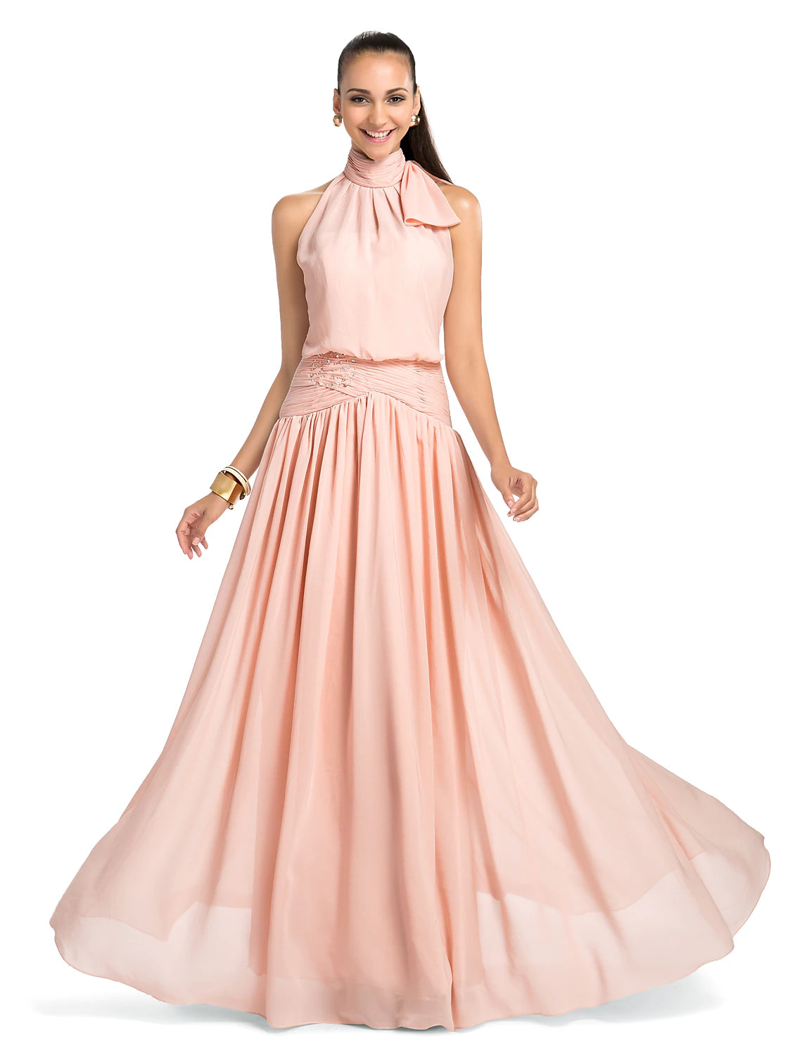Elegant Weitese Sheath Column Gown with high neck and floor length silhouette.