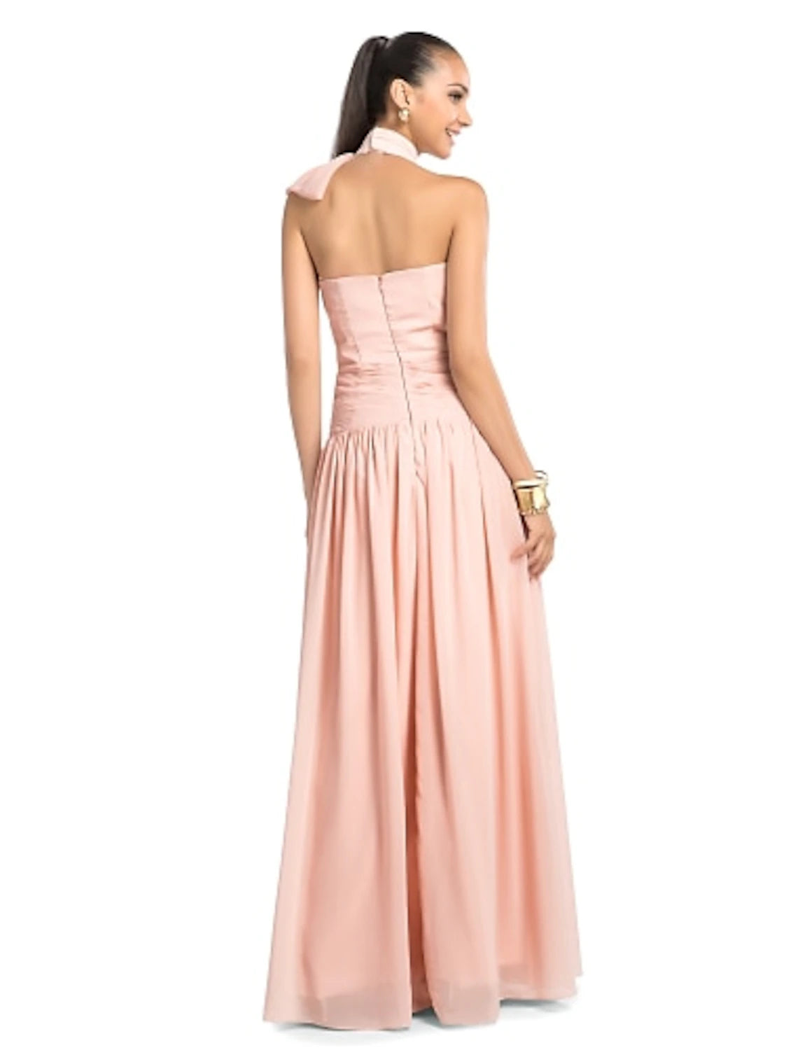Back view of Weitese chiffon gown featuring open back and criss-cross details.