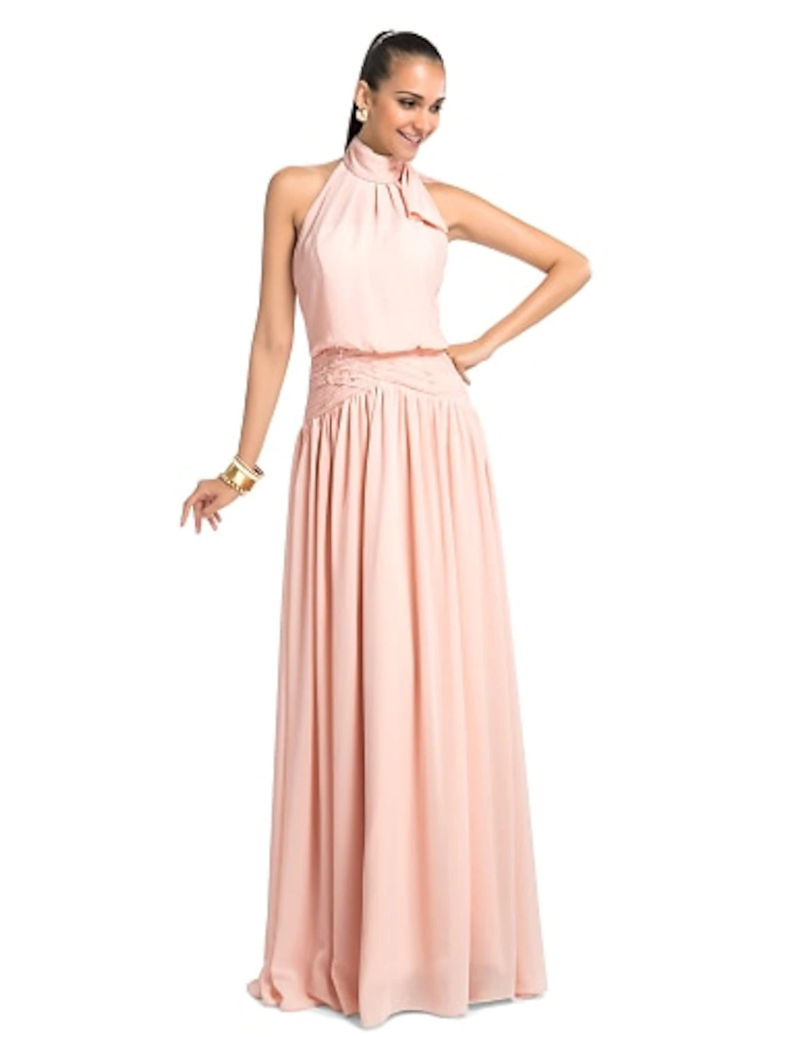 Side profile of the Weitese formal dress, highlighting the flowing chiffon fabric.