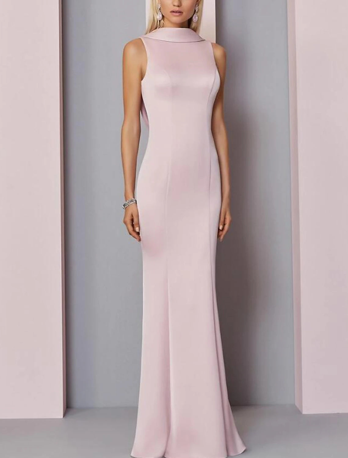 Front view of an elegant Weitese high-neck, sleeveless sheath column satin evening dress with pleats.