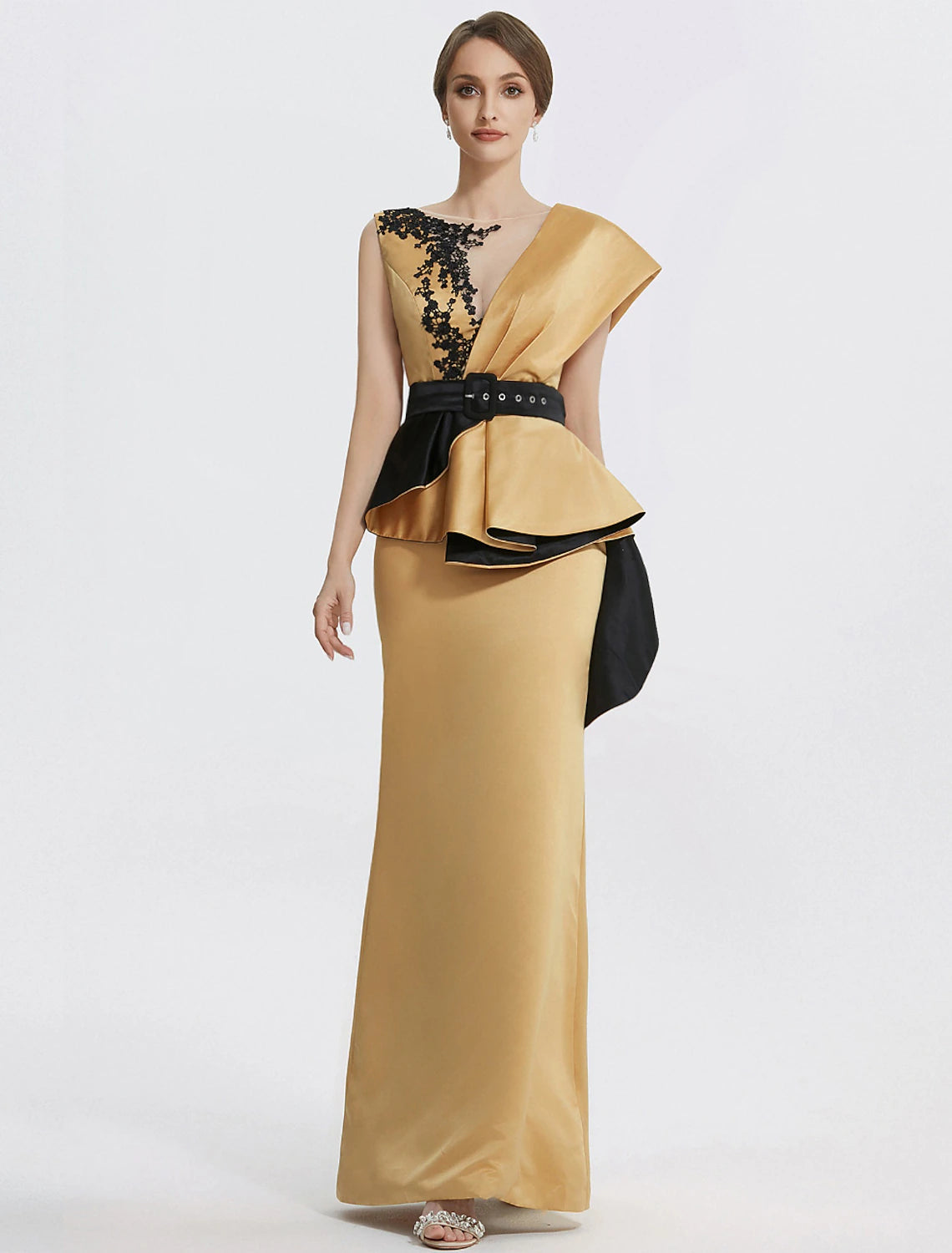 Full-length view of an elegant woman wearing the Weitese Sheath/Column Evening Gown.