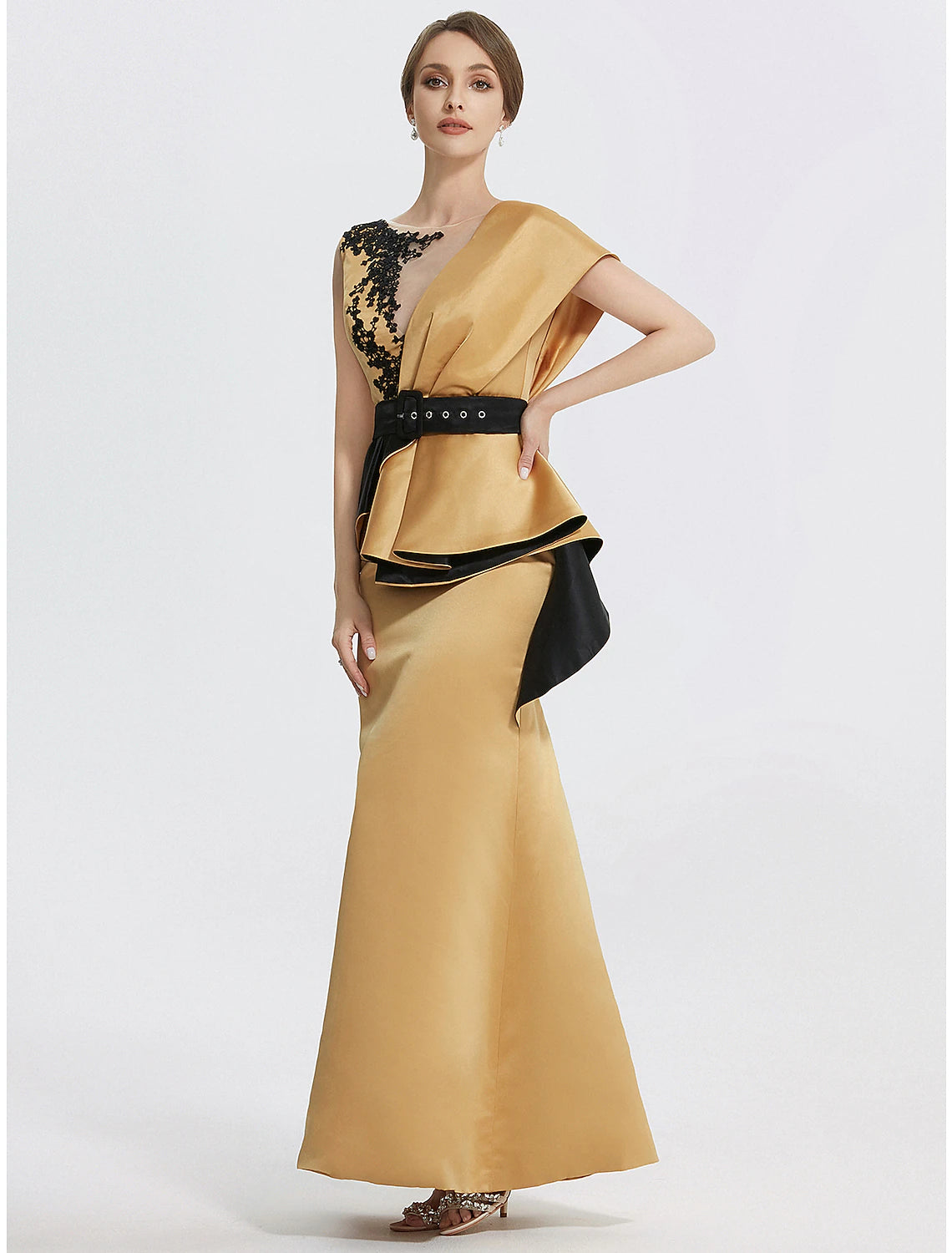Side view of the floor-length Weitese formal dress, highlighting the sheath silhouette.