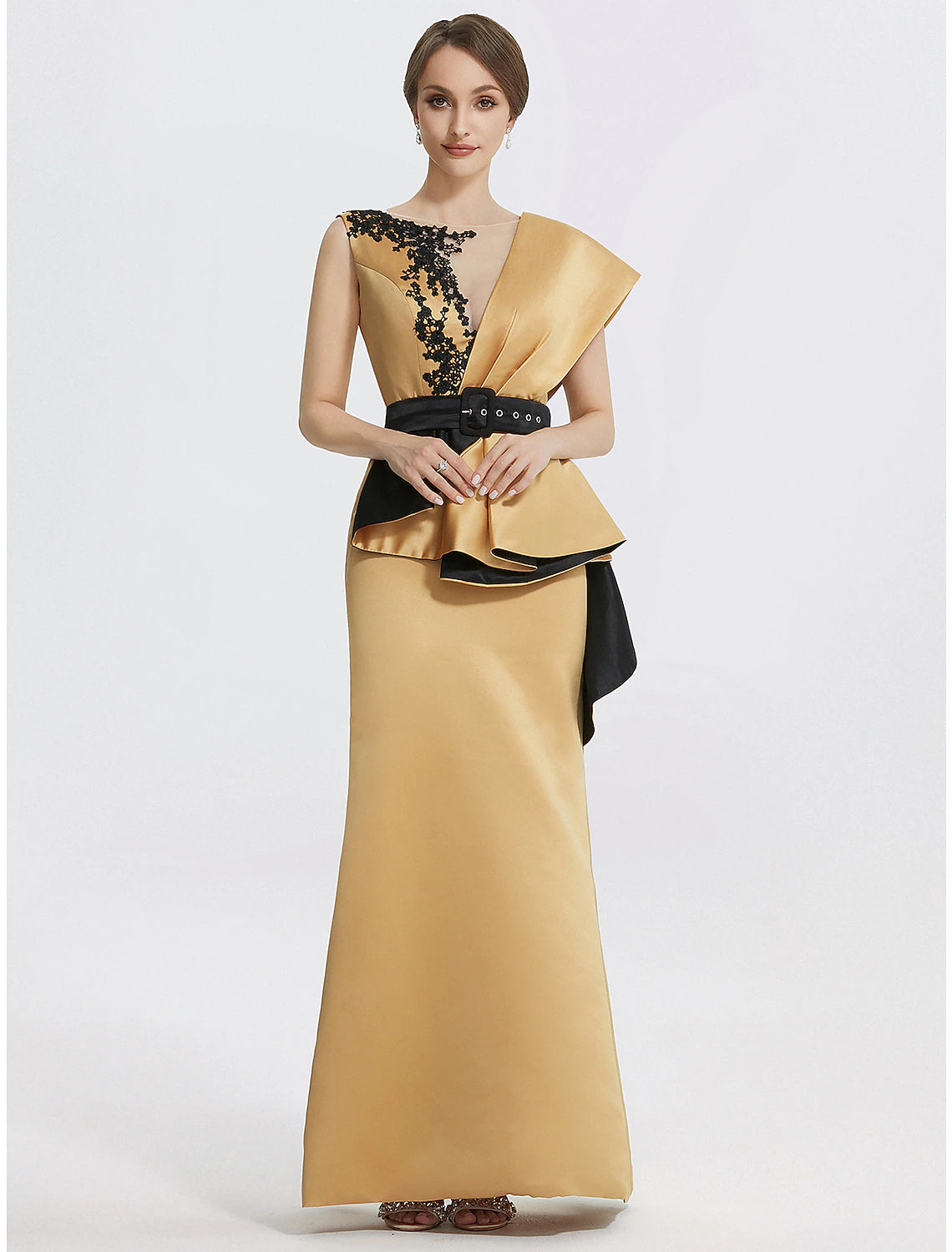 Back view of the elegant satin evening gown with delicate appliques.