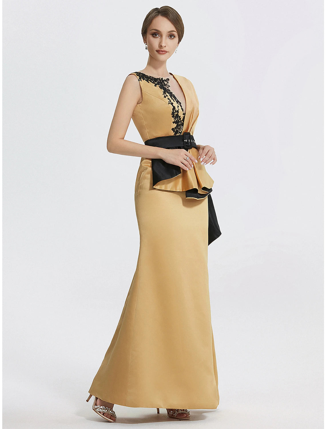 Detail shot of the embroidery and satin fabric on the Weitese evening dress.