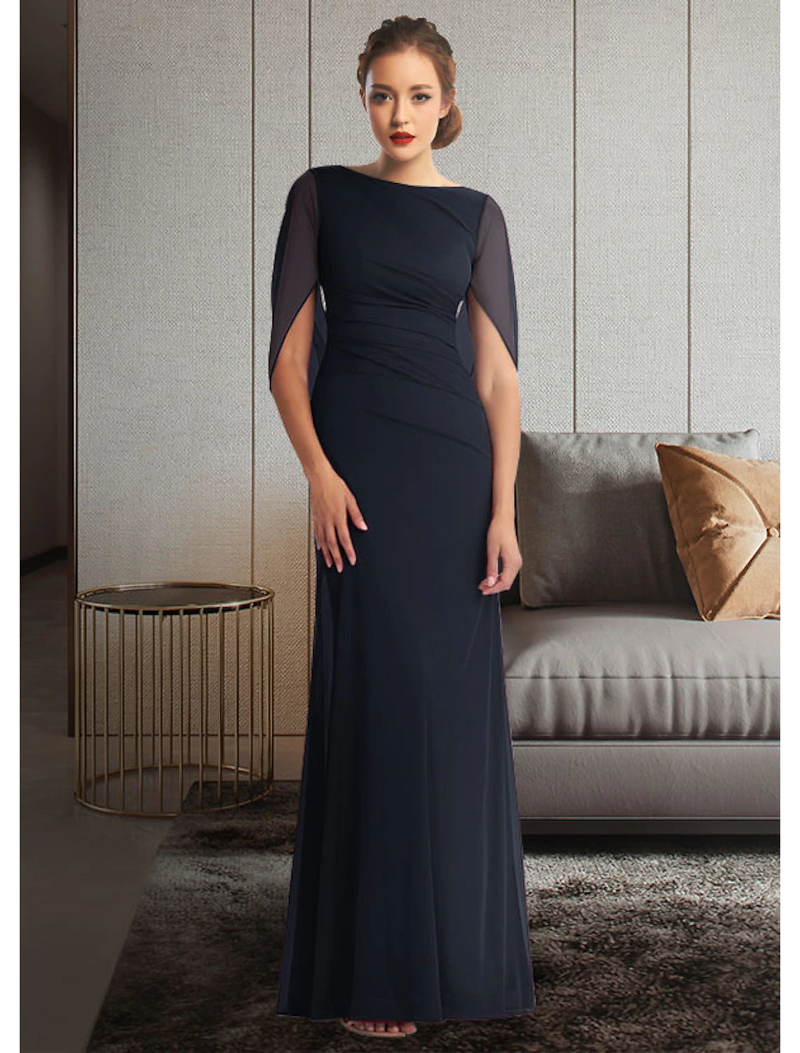 Elegant woman wearing a Weitese Sheath/Column Mother of the Bride dress with a jewel neck and half sleeves.