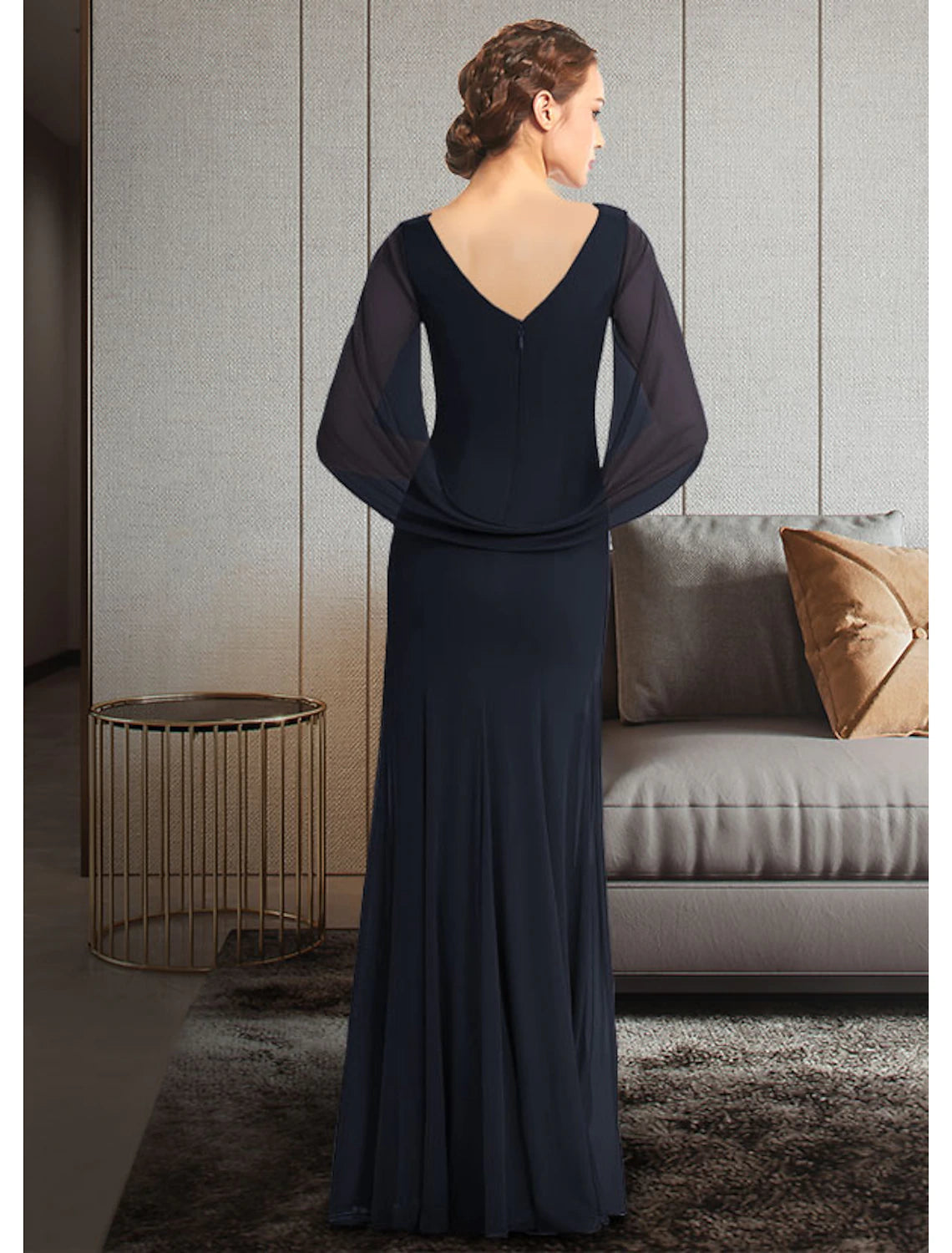 Back view of the Weitese chiffon Mother of the Bride dress, showing pleats and ruching details.