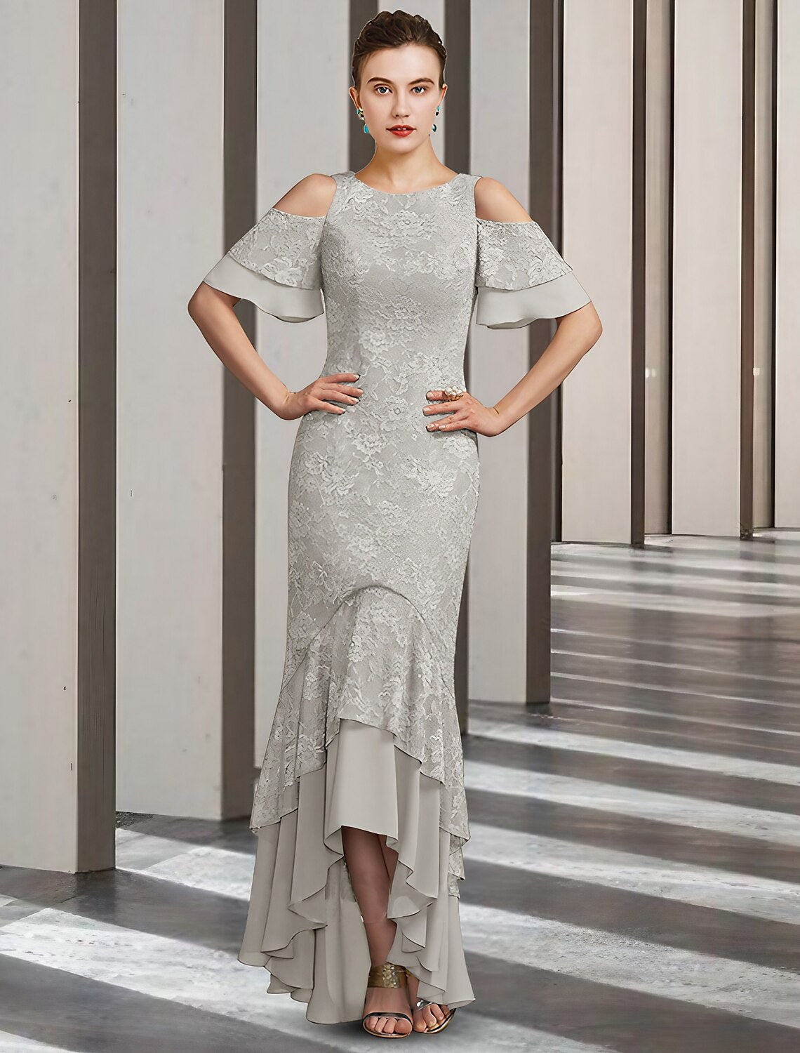 Elegant Weitese Sheath Column Mother of the Bride Dress with jewel neck, short sleeves, high-low hem, and chiffon lace.