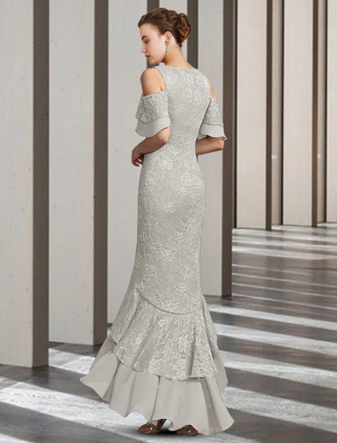 Full-length view of the Weitese Sheath Column Mother of the Bride Dress, highlighting the high-low hem and lace details.