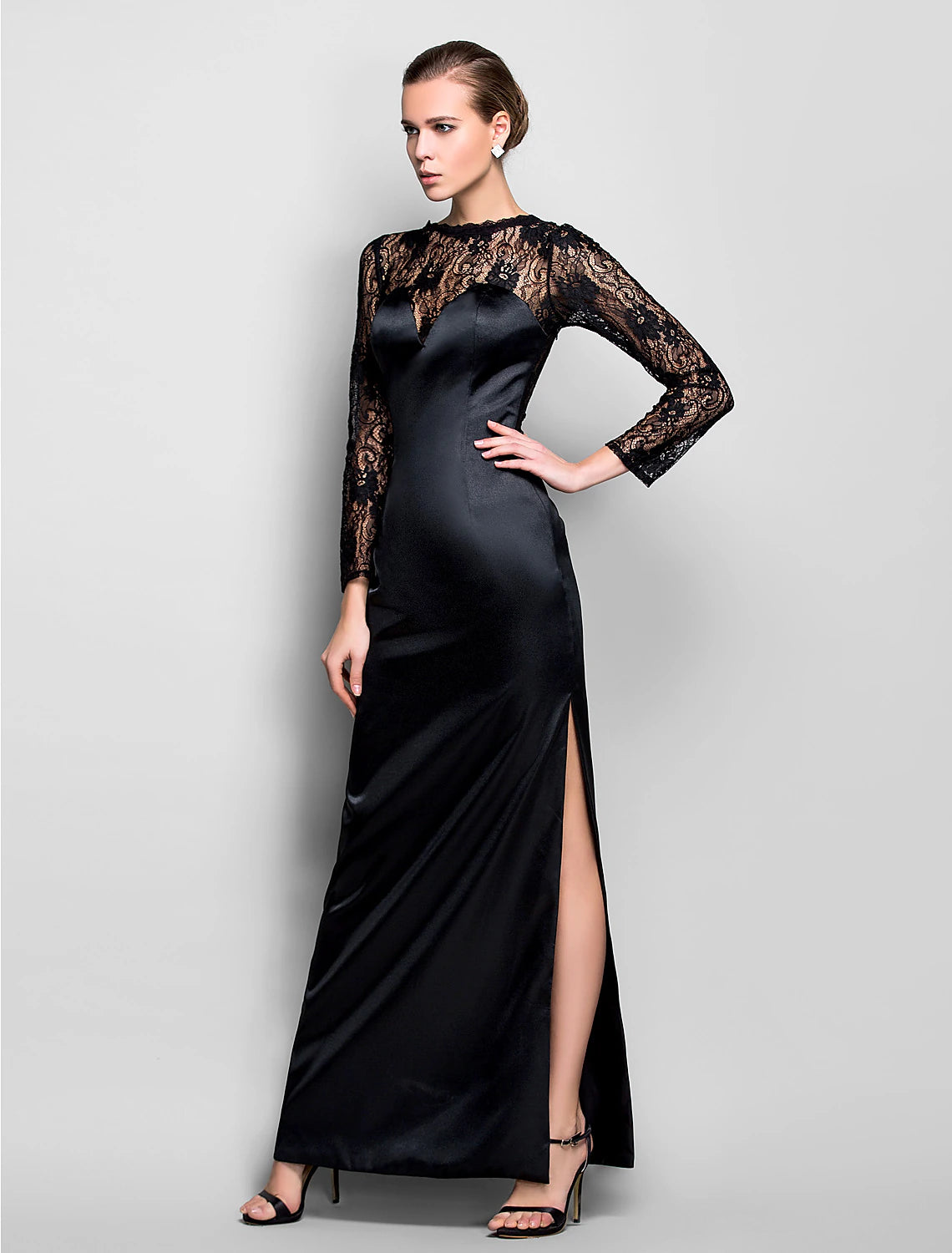 Full view of the Weitese Sheath Column dress with illusion neck and long sleeves.