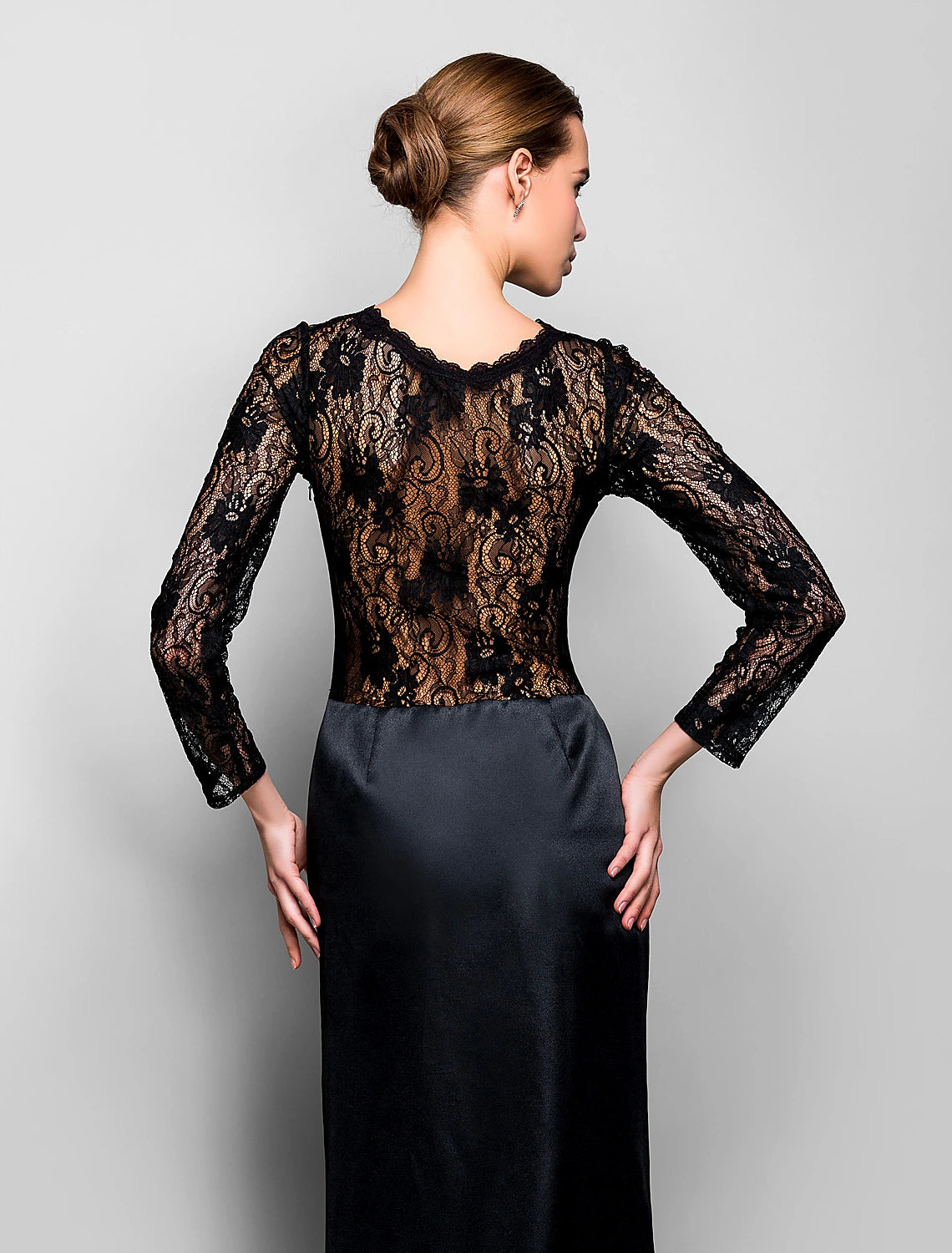 Close-up of the illusion neckline and lace on the Weitese formal dress.