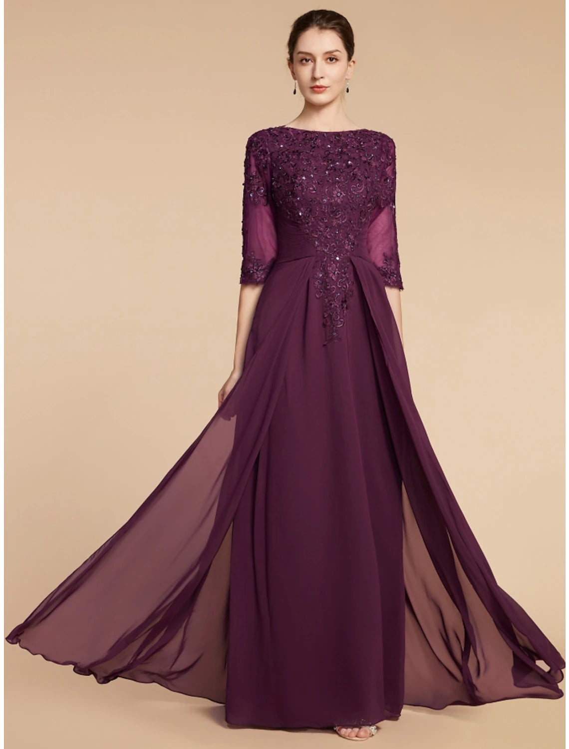 Elegant Sheath Column Mother of the Bride dress with scoop neck, half sleeves, and sequin details.