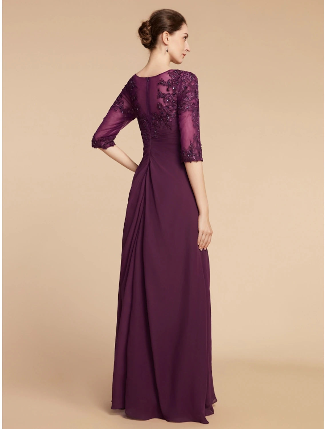 Side view of the Sheath Column Mother of the Bride dress, showing floor-length silhouette.
