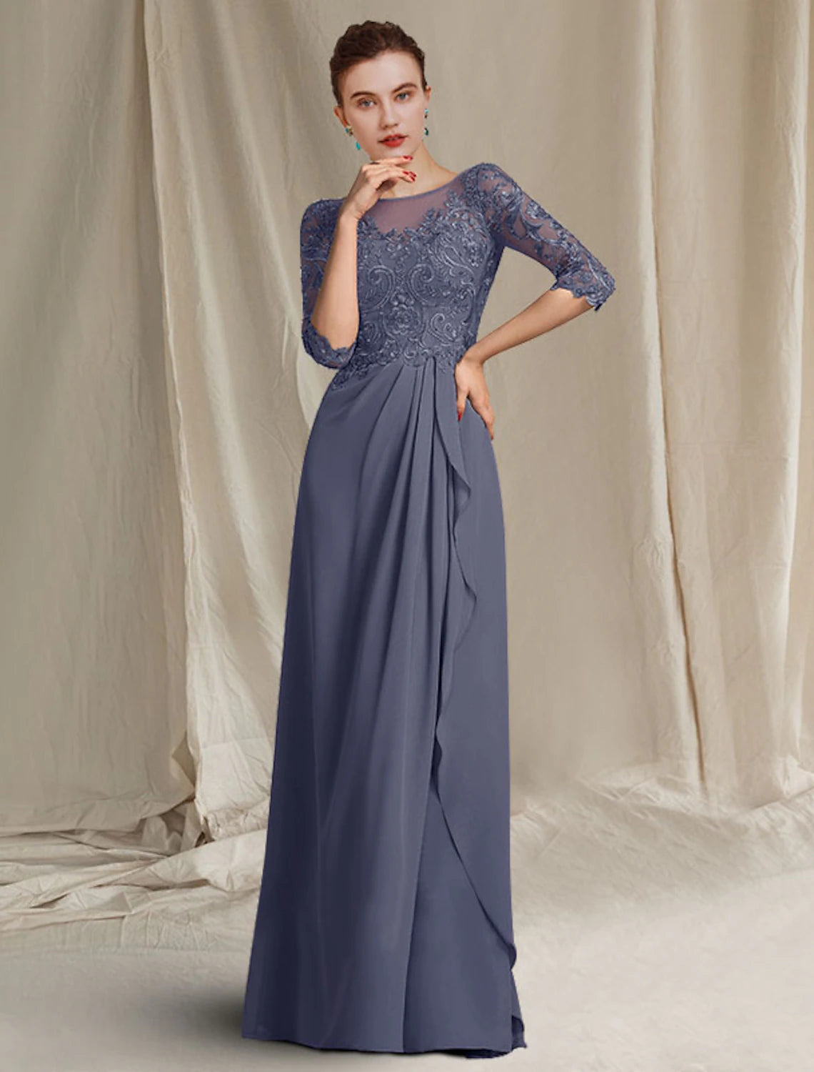 Side view of the elegant sheath column Mother of the Bride dress, highlighting the silhouette and sleeve length.
