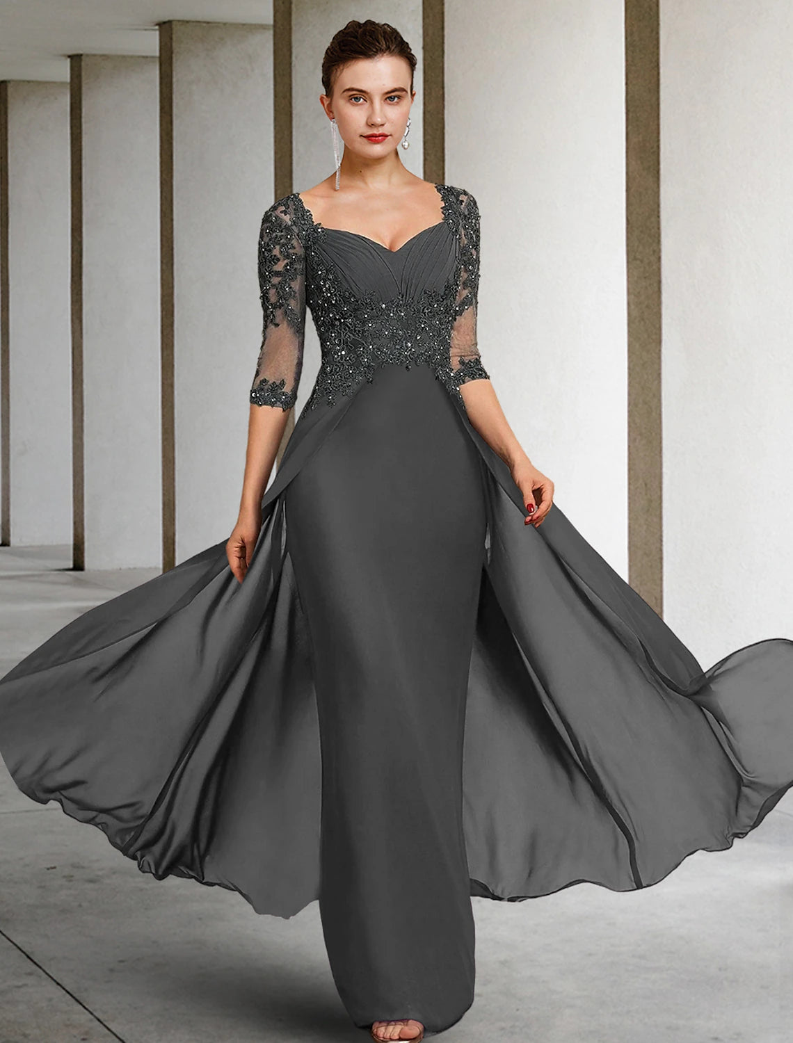 Elegant Weitese Sheath Column Mother of the Bride Dress with square neck and 3/4 sleeves.