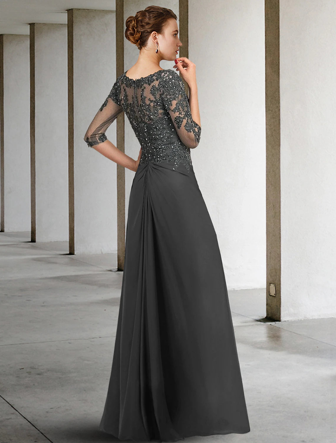 Side view of the Weitese Sheath Column dress, showing chiffon lace and ruching details.