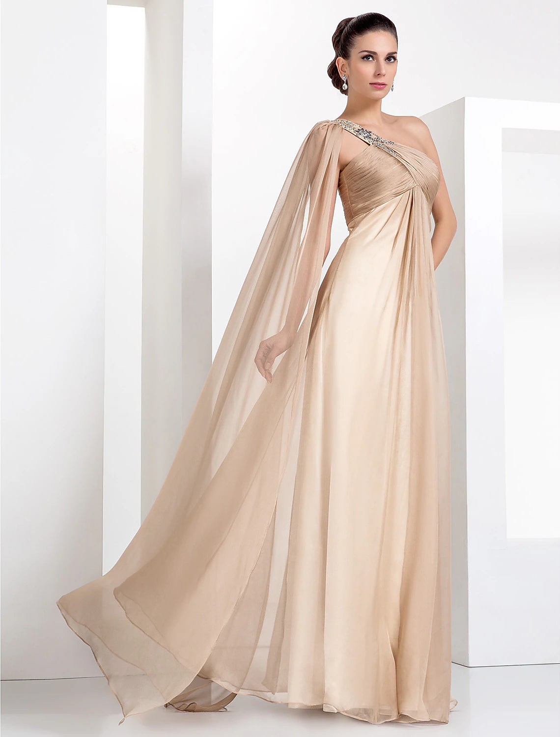 Side view of the black one-shoulder formal gown, highlighting the elegant drape of the chiffon.