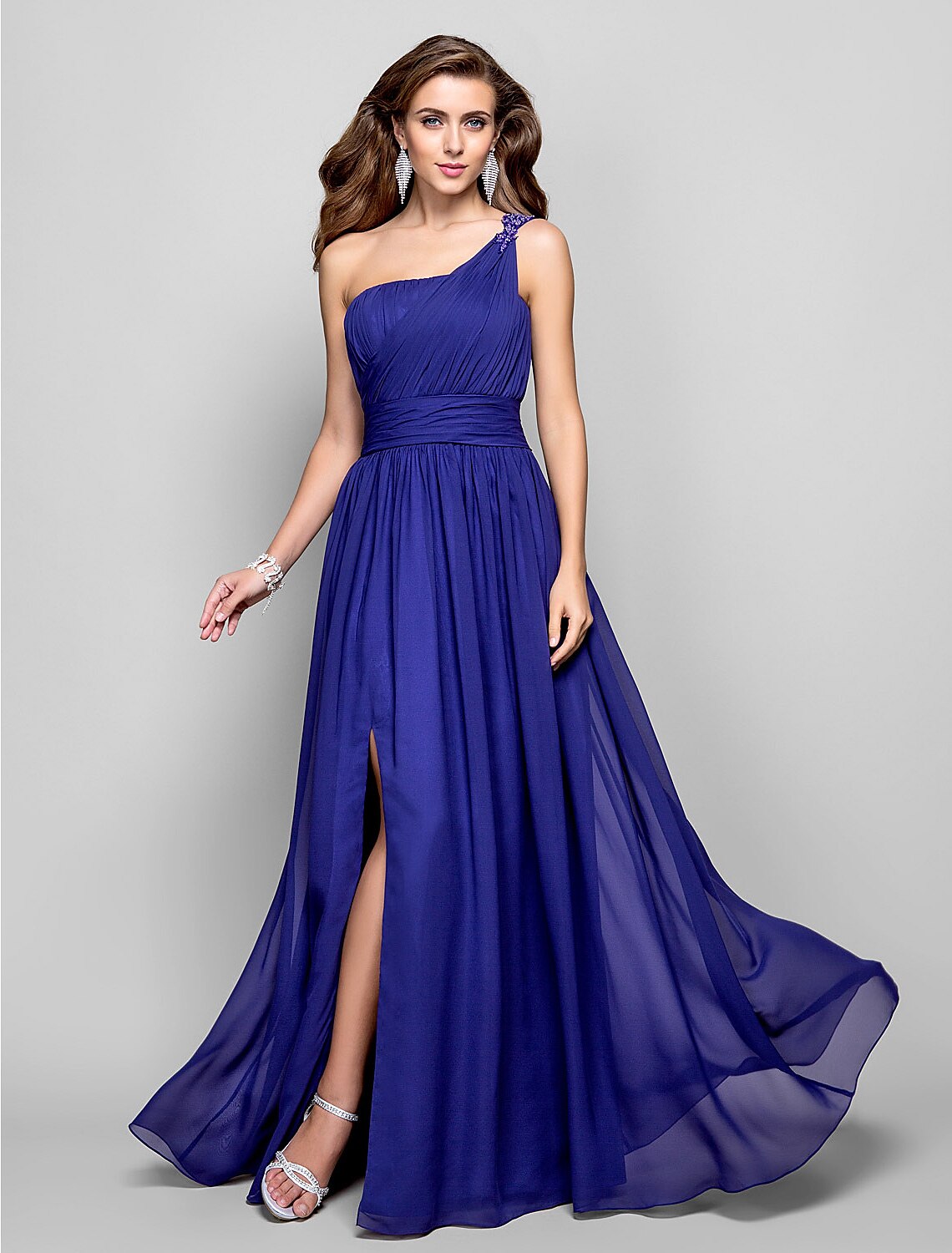 Weitese one-shoulder sheath dress with ruched beading, front view.