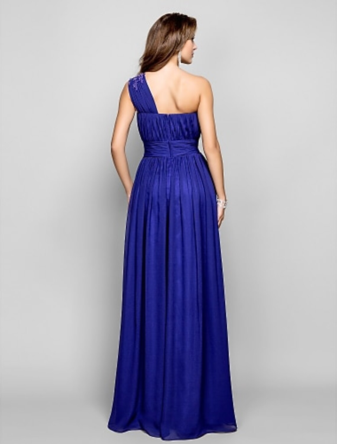 Back view of the Weitese chiffon formal gown with a sleek column silhouette.
