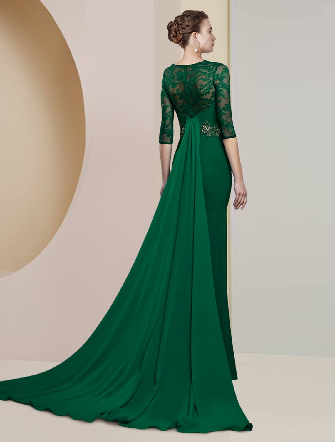 Back view of the Sheath Column Mother of the Bride dress, showing floor-length chiffon lace and appliques.