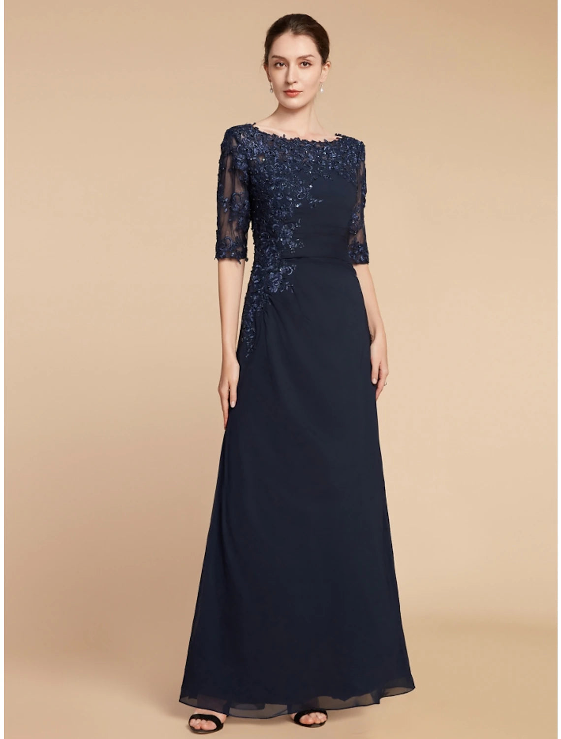 Elegant Weitese sheath column dress with scoop neck and half sleeves, featuring lace and sequin details.