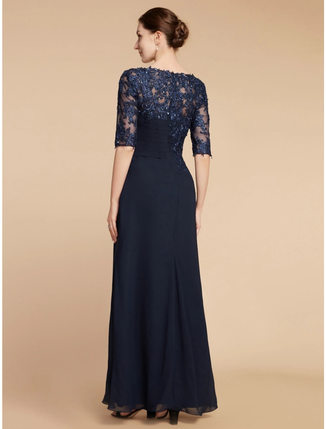 Side view of the Weitese ankle-length sheath dress, highlighting chiffon and lace half sleeves.