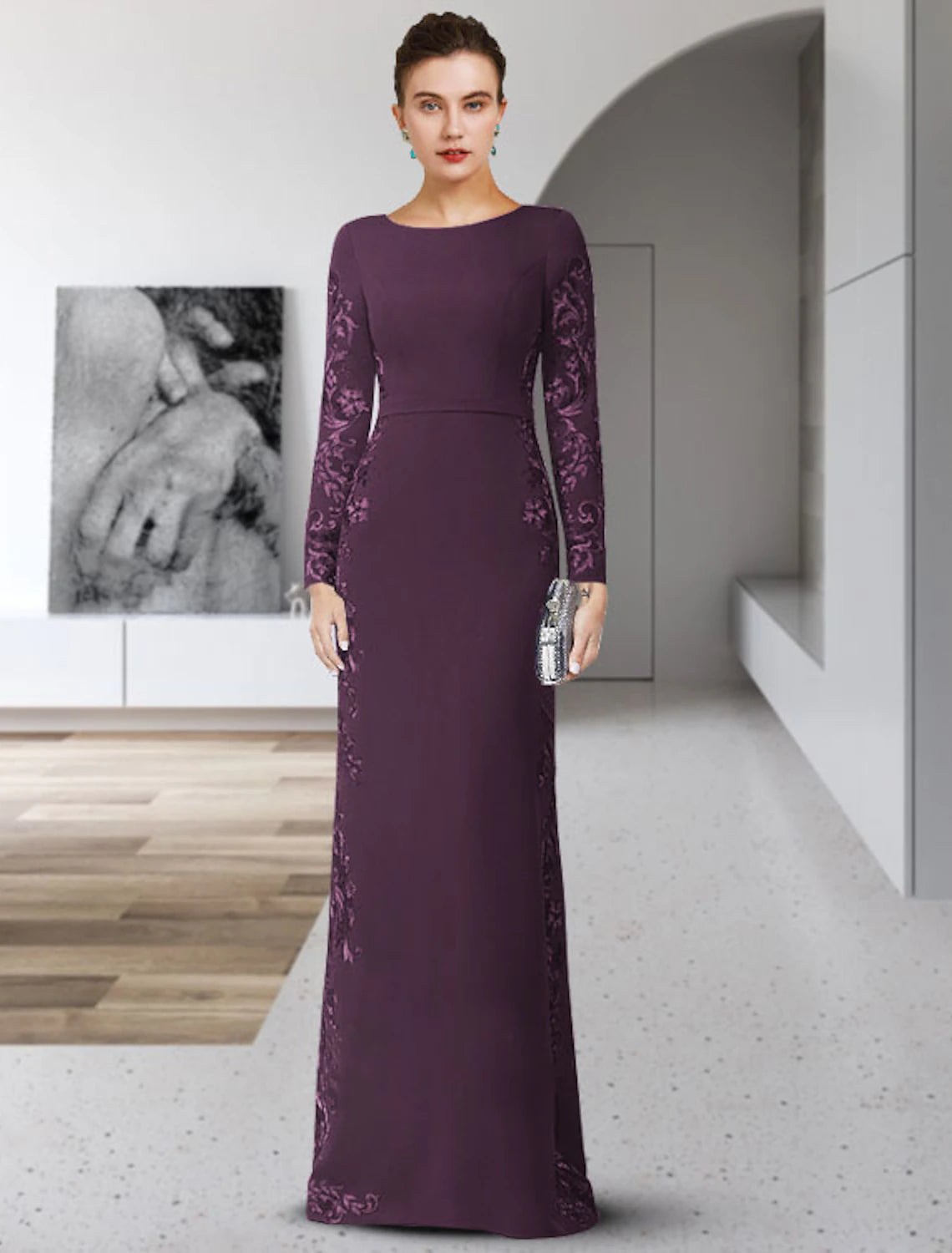Woman wearing an elegant Weitese sheath column mother of the bride dress with long sleeves and lace details.