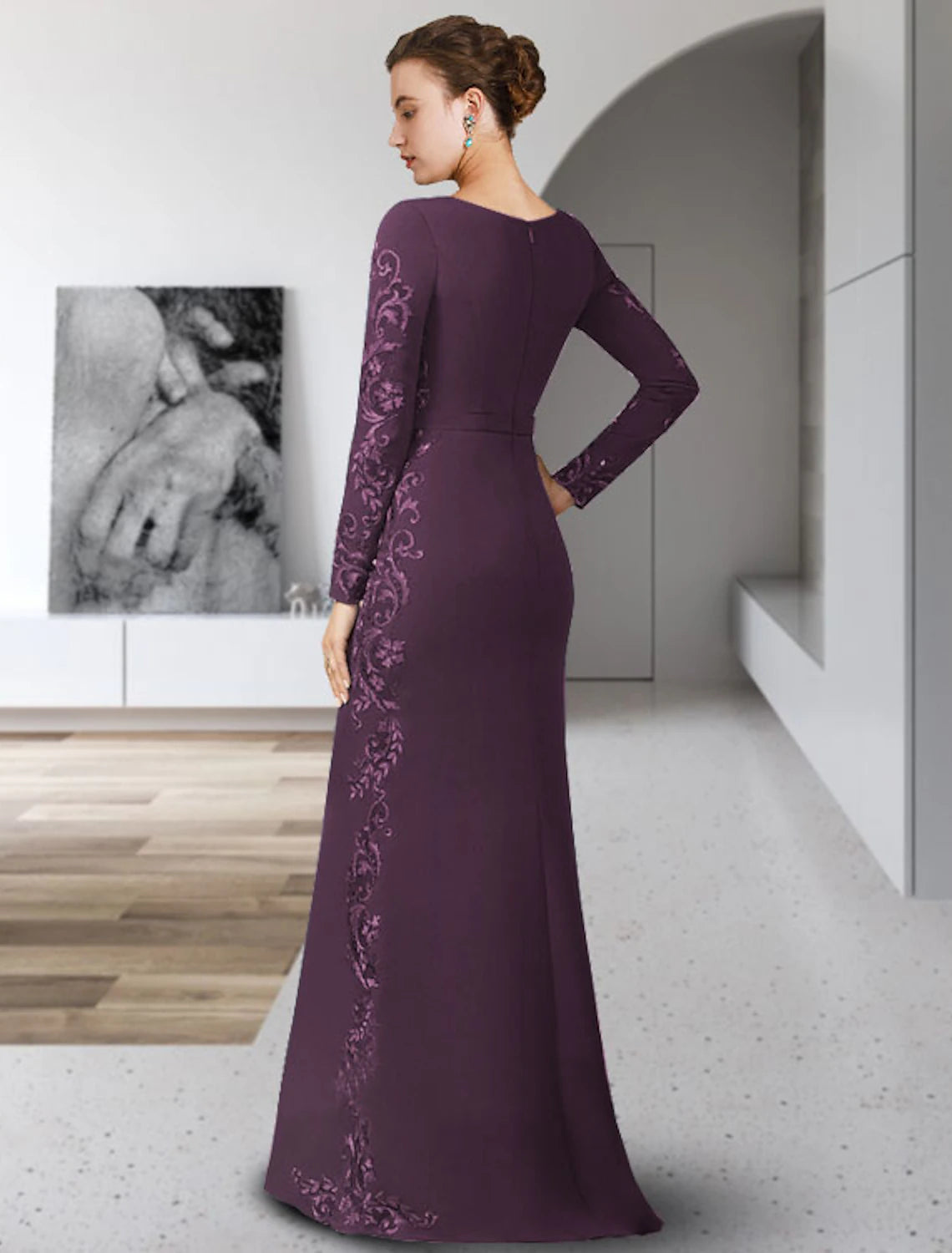 Back view of the Weitese elegant floor-length mother of the bride dress, showcasing its chiffon and lace fabric.