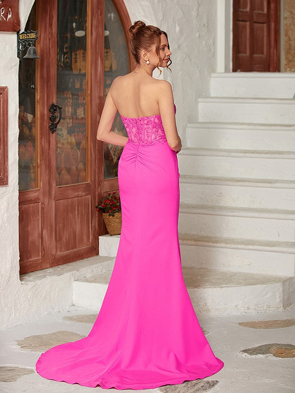 Back view of the Weitese sheath prom dress showing the sweep train.