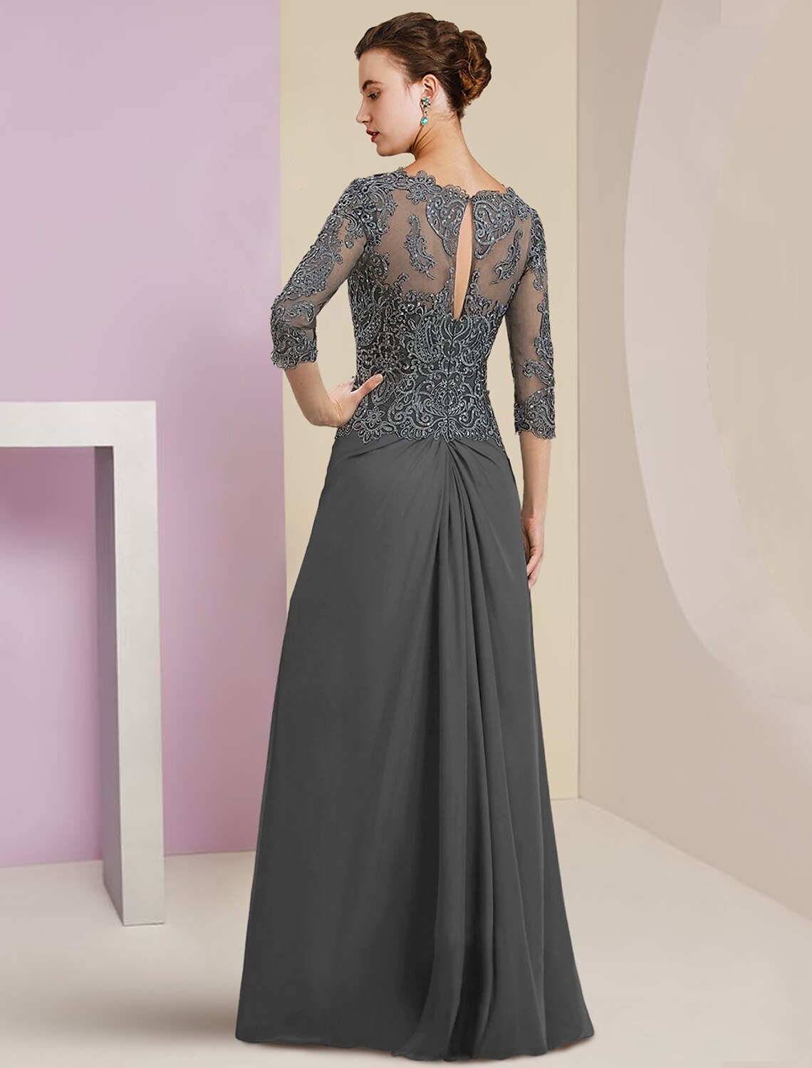 Full view of the chiffon lace formal dress, showcasing the floor-length silhouette.