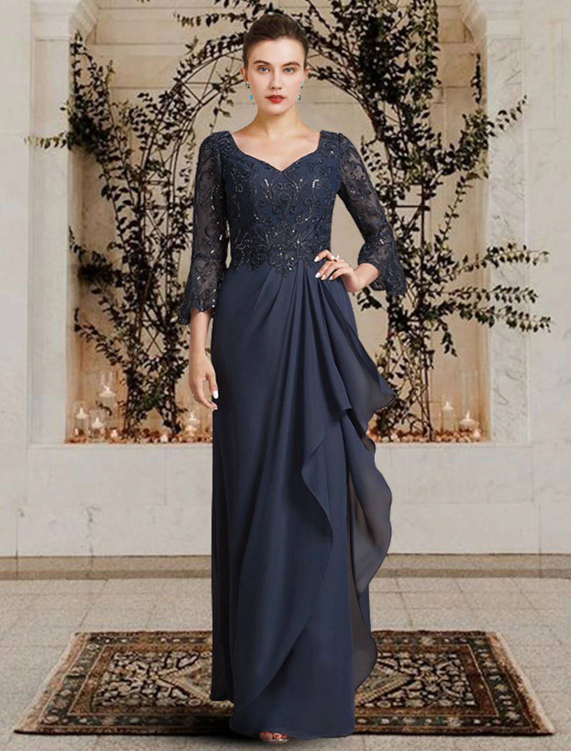 Elegant woman wearing a Weitese sheath Mother of the Bride dress with V-neck, 3/4 lace sleeves, and appliques.
