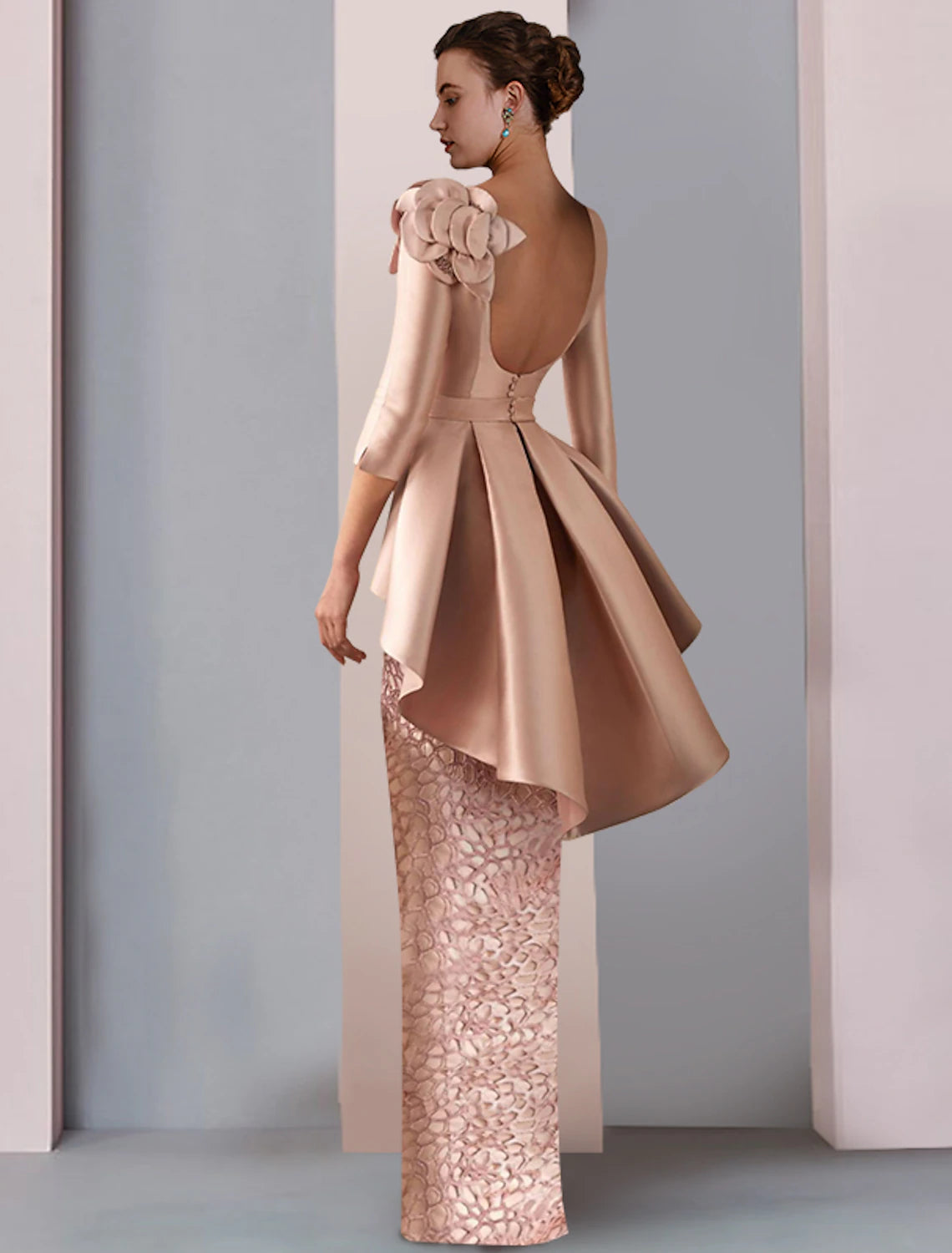 Back view of the Weitese satin lace floor-length dress with appliques and ruffles.