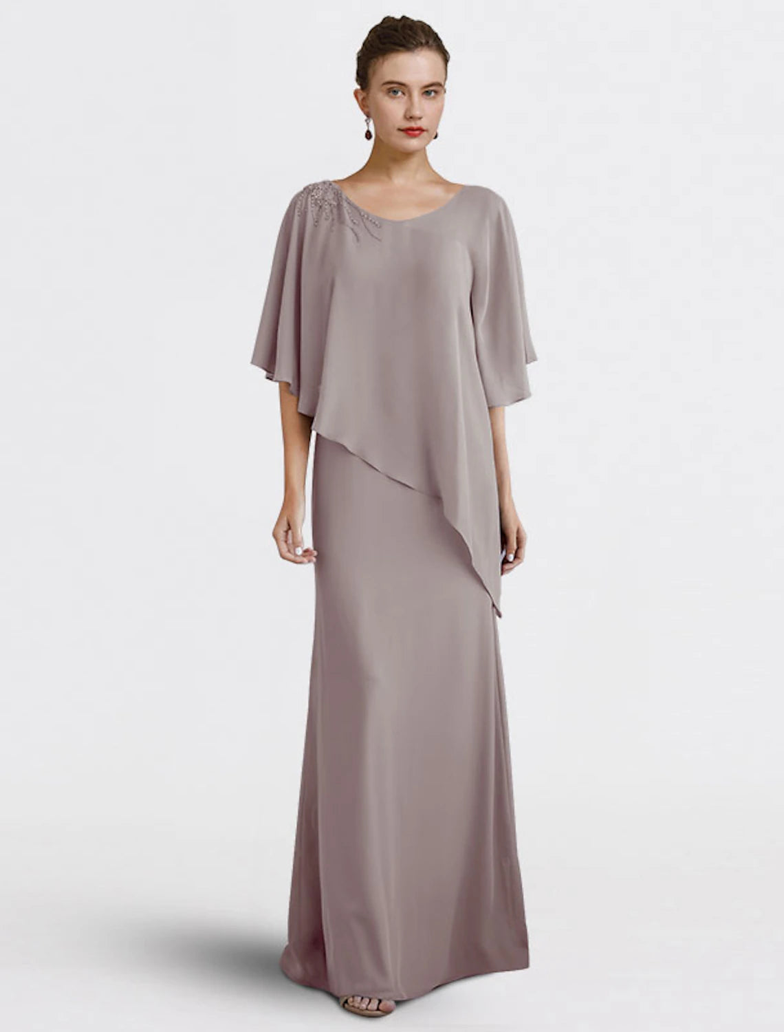 Woman wearing an elegant Weitese Sheath Column V-Neck Mother of the Bride dress with half sleeves and beading.