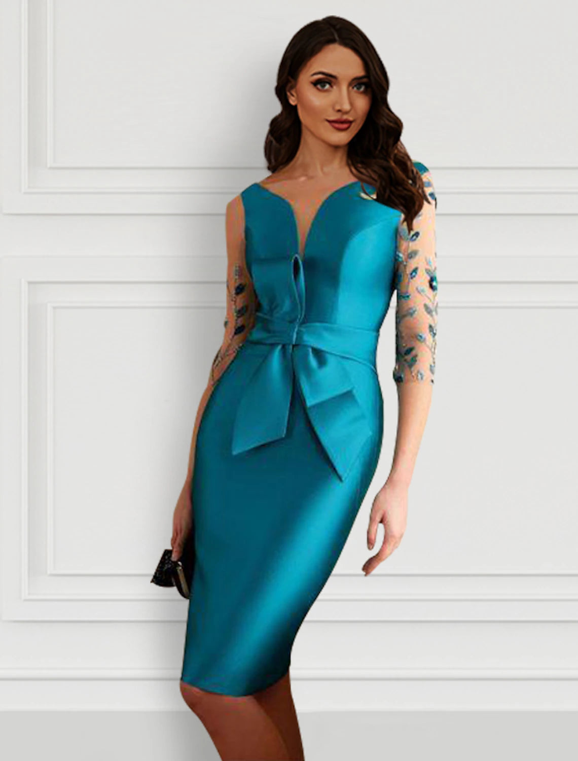 Elegant Weitese satin sheath dress with jewel neck and half sleeves for formal events.