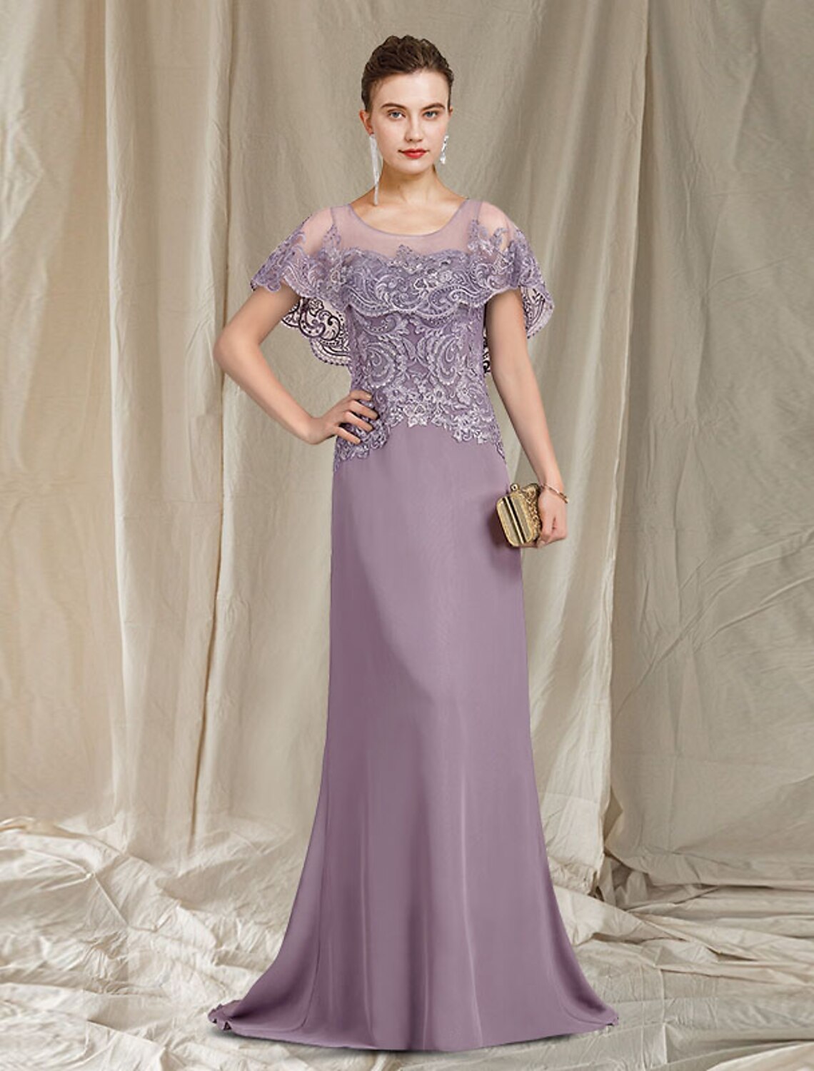 Elegant Mother of the Bride sheath dress with jewel neck, lace appliques, and ruffles.
