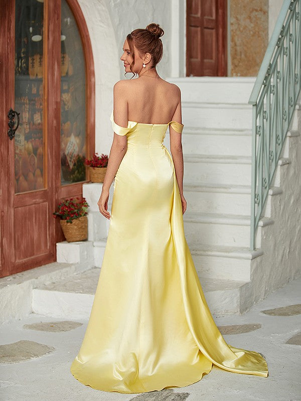 Weitese satin sheath dress with sweep train, side view.
