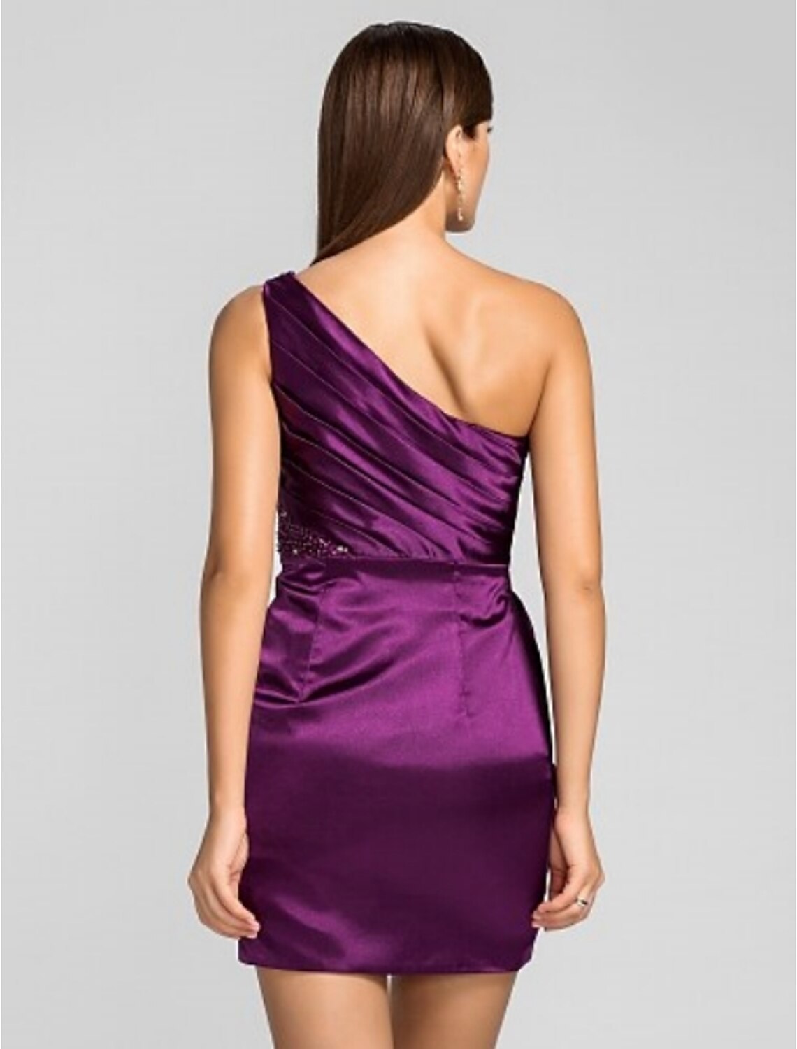 Back view of a Weitese one-shoulder cocktail dress, showing the drape detail.