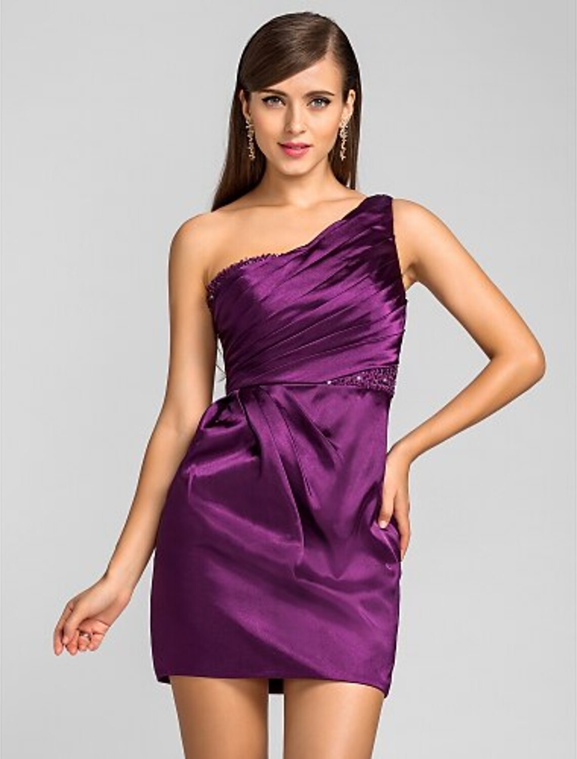 Full length view of the Weitese stretch satin mini dress.