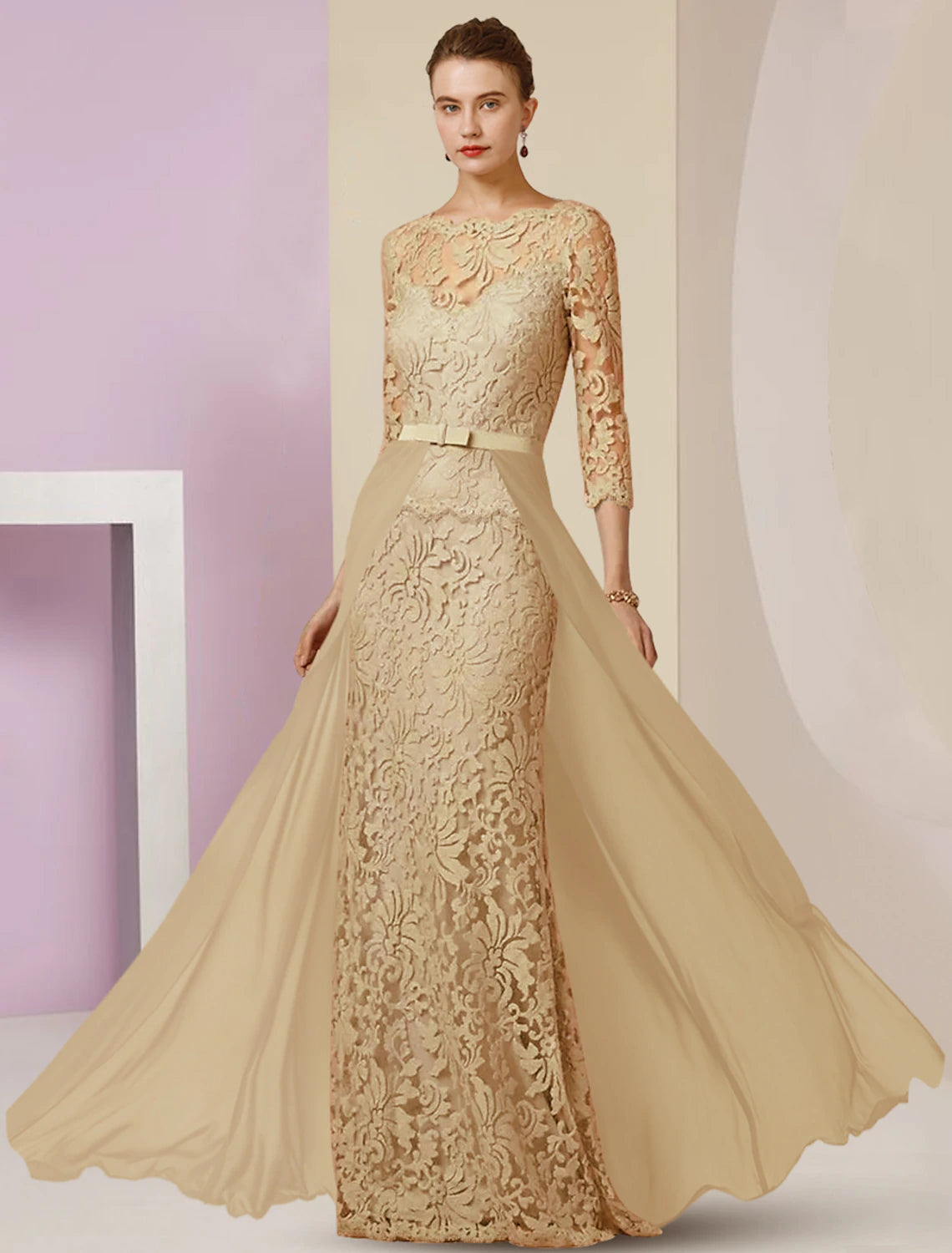 Elegant Weitese sheath mother of the bride dress with scoop neck and 3/4 sleeves.